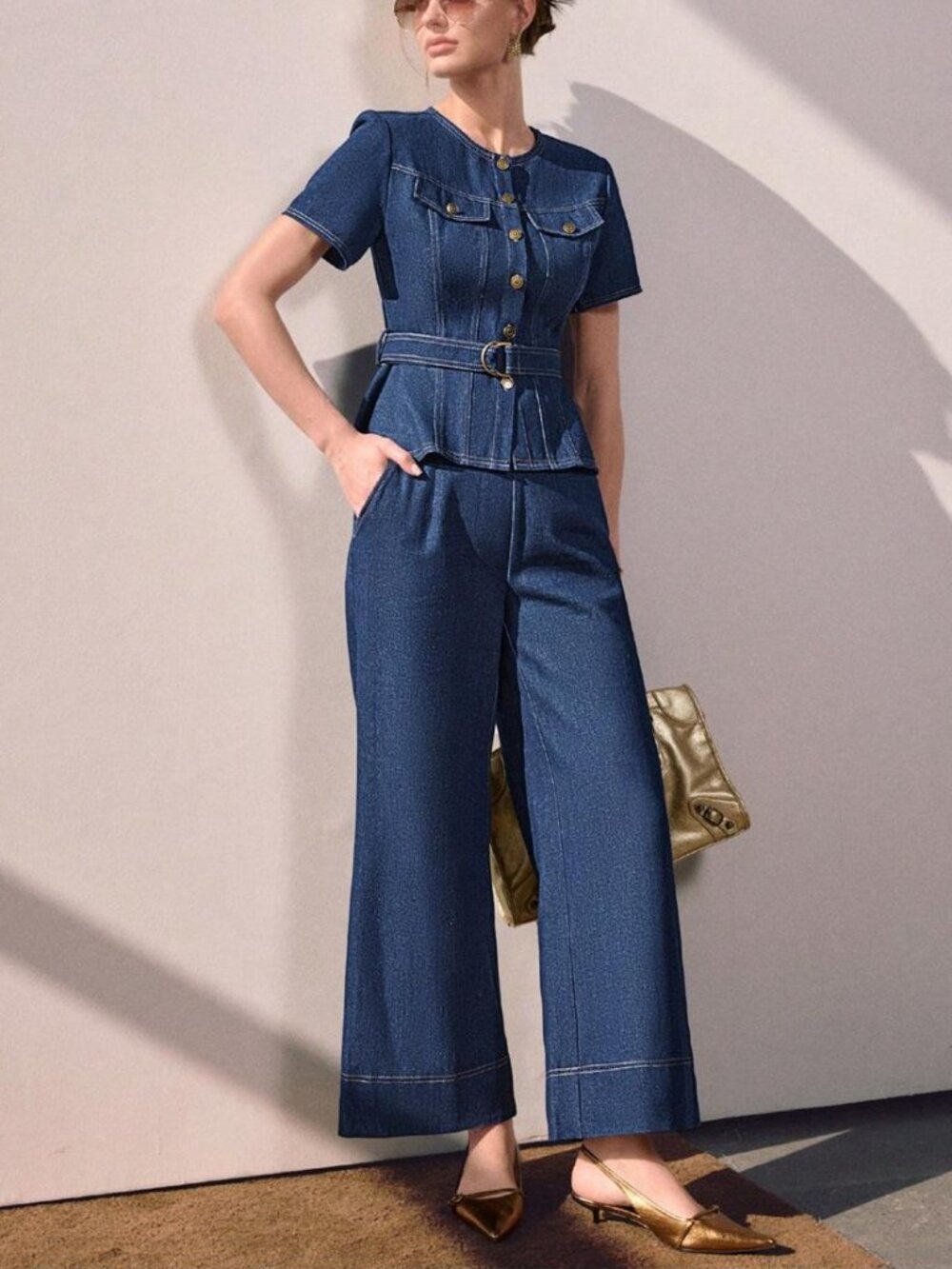 NEW Elegant Denim Peplum Wide Leg Set Chic Office Luxe Outfit